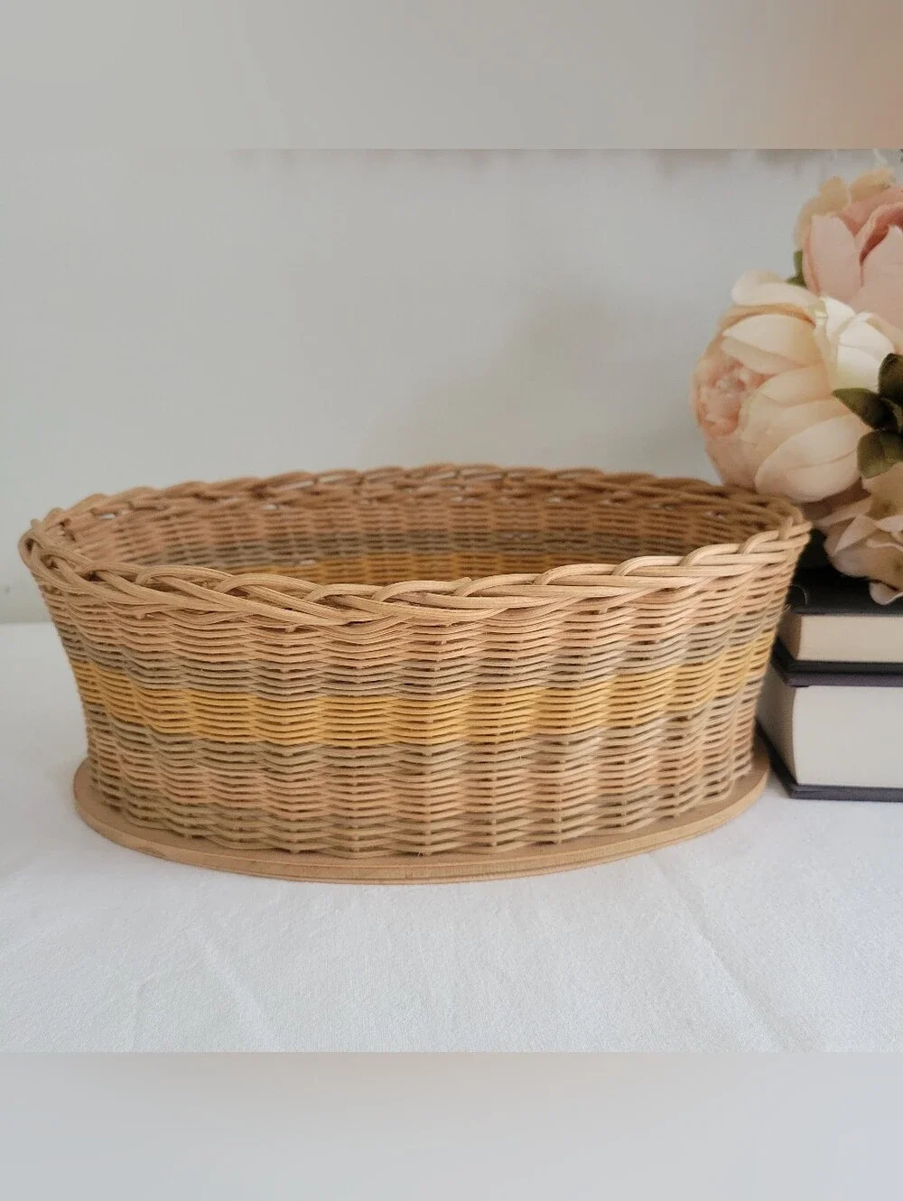 Vintage Hand Woven Striped Wicker Rattan Oval Basket 1940 Storage- Natural